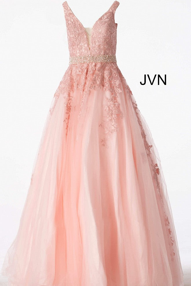 JVN68258 tulle embellished embroidered A line long prom dress ball gown informal wedding dress  evening gown ﻿Floral embroidered tulle, embellished belt at waist, A line floor length skirt, fitted sleeveless bodice, plunging neckline with sheer mesh insert, V back. blush front