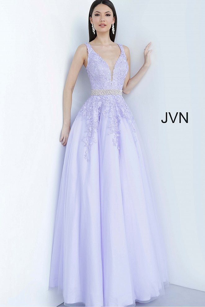 JVN68258 tulle embellished embroidered A line long prom dress ball gown informal wedding dress  evening gown ﻿Floral embroidered tulle, embellished belt at waist, A line floor length skirt, fitted sleeveless bodice, plunging neckline with sheer mesh insert, V back. light purple front
