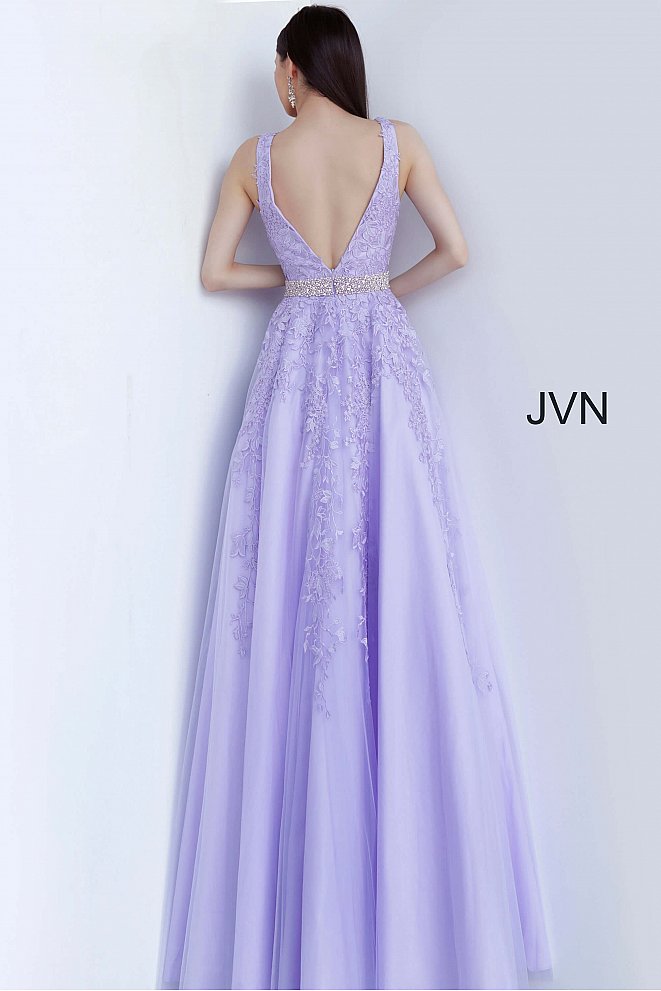 Jovani JVN68258 Size 2, 10 Blue Long A Line Lace Prom Ballgown Dress Formal Plunging Neckline