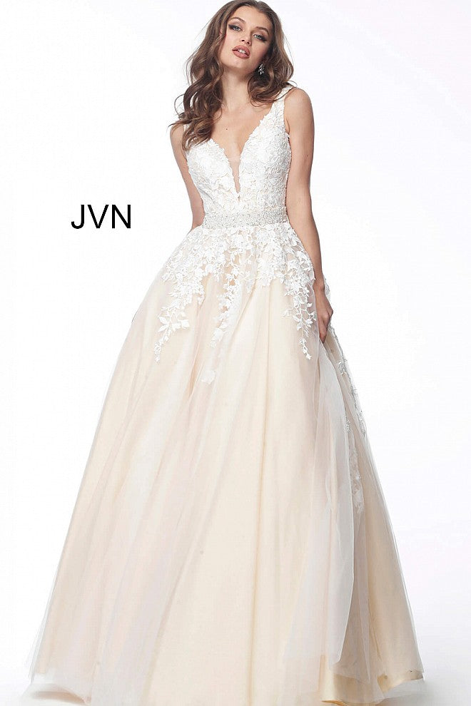 JVN68258 off white and nude tulle prom dress ball gown embroidered lace plunging neckline evening gown off white informal wedding dress 