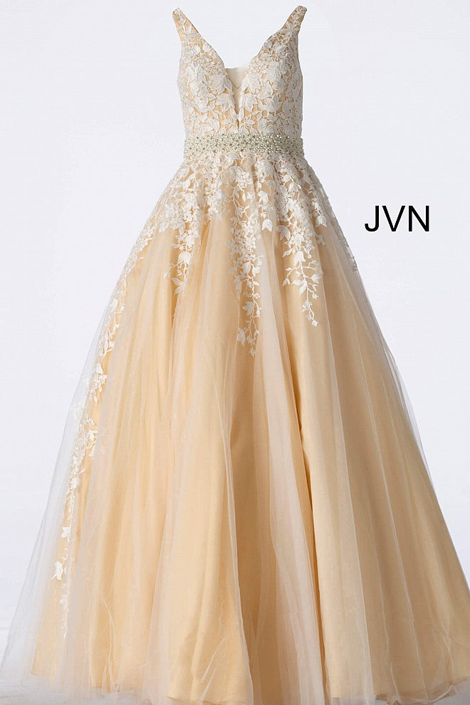 JVN68258 tulle embellished embroidered A line long prom dress ball gown informal wedding dress  evening gown ﻿Floral embroidered tulle, embellished belt at waist, A line floor length skirt, fitted sleeveless bodice, plunging neckline with sheer mesh insert, V back. off white nude front