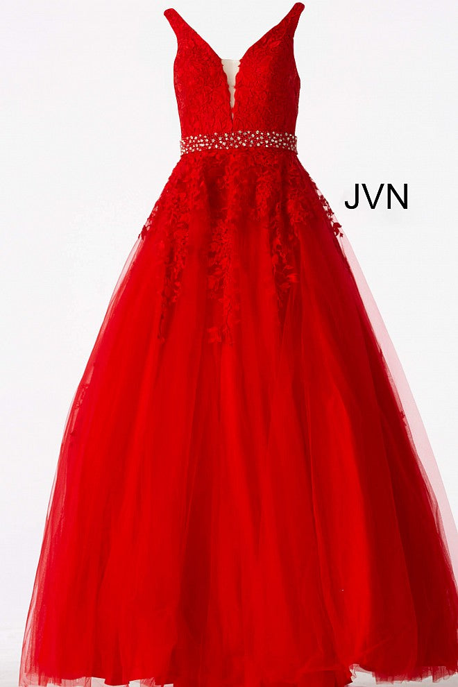 JVN68258 tulle embellished embroidered A line long prom dress ball gown informal wedding dress  evening gown ﻿Floral embroidered tulle, embellished belt at waist, A line floor length skirt, fitted sleeveless bodice, plunging neckline with sheer mesh insert, V back. red front