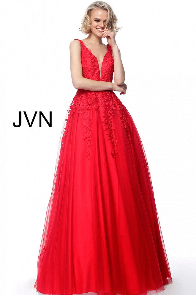 JVN68258 Red tulle prom dress ball gown embroidered lace plunging neckline evening gown 