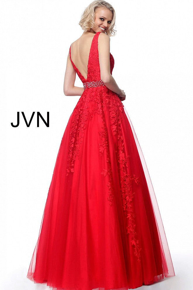 JVN68258 Red tulle prom dress ball gown embroidered lace plunging neckline evening gown 