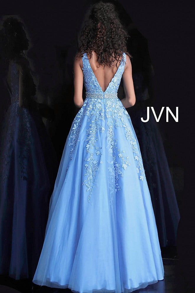 JVN68258 Blue tulle prom dress ball gown embroidered lace plunging neckline evening gown 