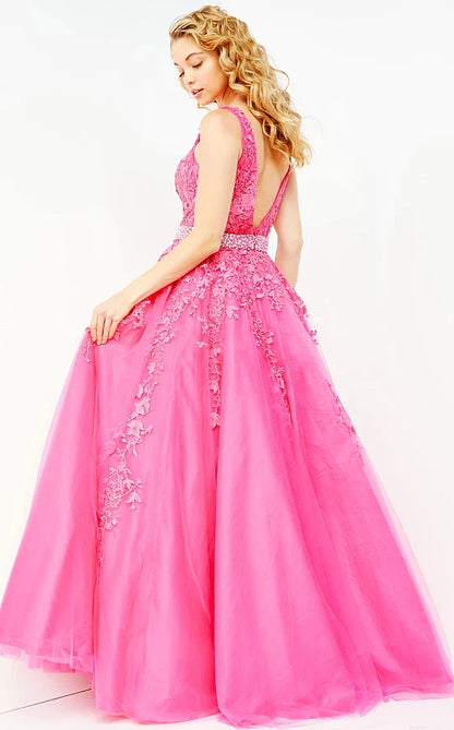 Jovani JVN68258 tulle embellished embroidered A line long prom dress ball gown informal wedding dress&nbsp; evening gown&nbsp;Floral embroidered tulle, embellished belt at waist, A line floor length skirt, fitted sleeveless bodice, plunging neckline with sheer mesh insert, V back.
