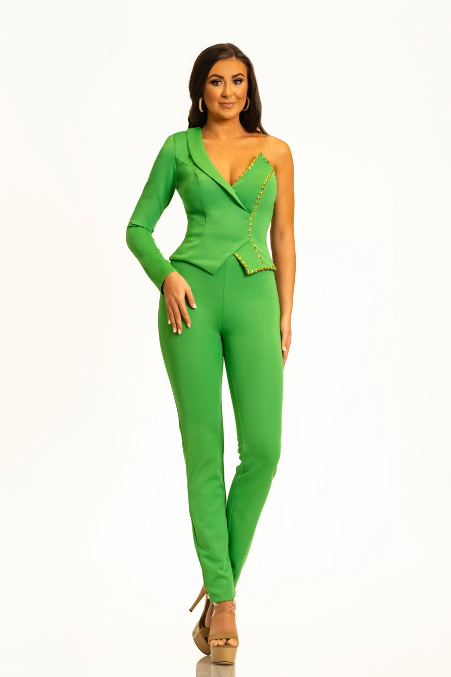 Johnathan-Kayne-2323-kelley-green--pantsuit-two-piece-jumpsuit-front-one-long-sleeve-lapel-v-neckline-straight-legs