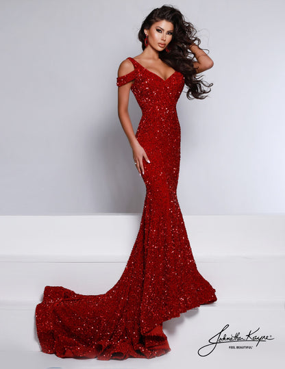 Johnathan Kayne 2678 size 00 Red sequin prom dress stretch velvet off Glass Slipper Formals Johnathan Kayne 2678 size 00 Red sequin prom dress stretch velvet off Glass Slipper Formals