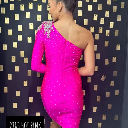This Johnathan Kayne 2785 dress is perfect for your homecoming event. It features a single crystal shoulder, long sleeve with crystal wrist line, and stoned bodice for a sparkling look. It is also fitted for a flattering silhouette. Perfect for a memorable night.  Sizes: 00,0,2,4,6,8,10,12,14,16  Colors: Hot Pink, Royal 
