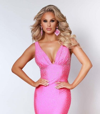 Johnathan Kayne 2183 Short Cocktail Dress V Neck Heat Crystals Stretch Lycra