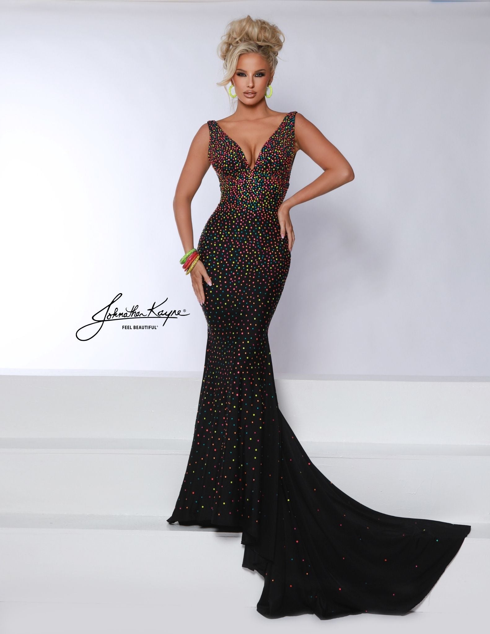 Johnathan Kayne 9213 Long Fitted Prom Dress Formal Evening Gown Lycra Stretch 6 / Black/Neon Johnathan Kayne 9213 Long Fitted Prom Dress Formal Evening Gown Lycra Stretch 6 / Black/Neon