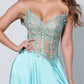 Johnathan Kayne Dress 2554 This pageant gown has a sheer embellished lace bodice with an asymmetrical waistline and peaks for the v neckline. The long charmeuse skirt is layered and has a very long train.  It has detachable off the shoulder straps if you wish.  Prom, Pageant and Evening Dresses  