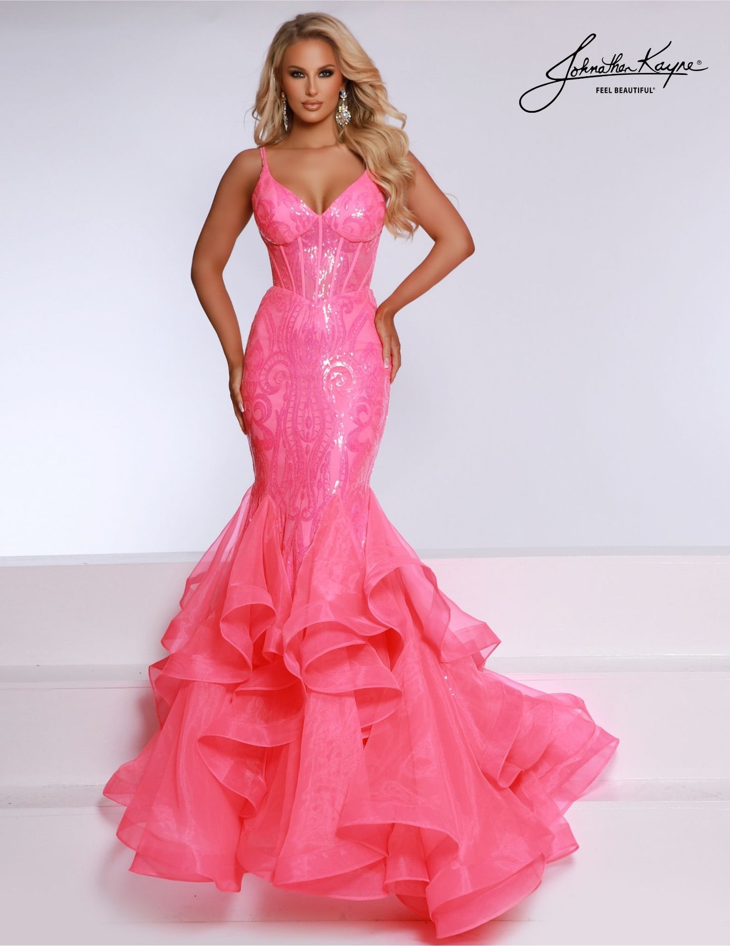 Johnathan Kayne 2835 Hot Pink Mermaid Long Prom Dress Ruffle Corset V Neck Formal Pageant Gown