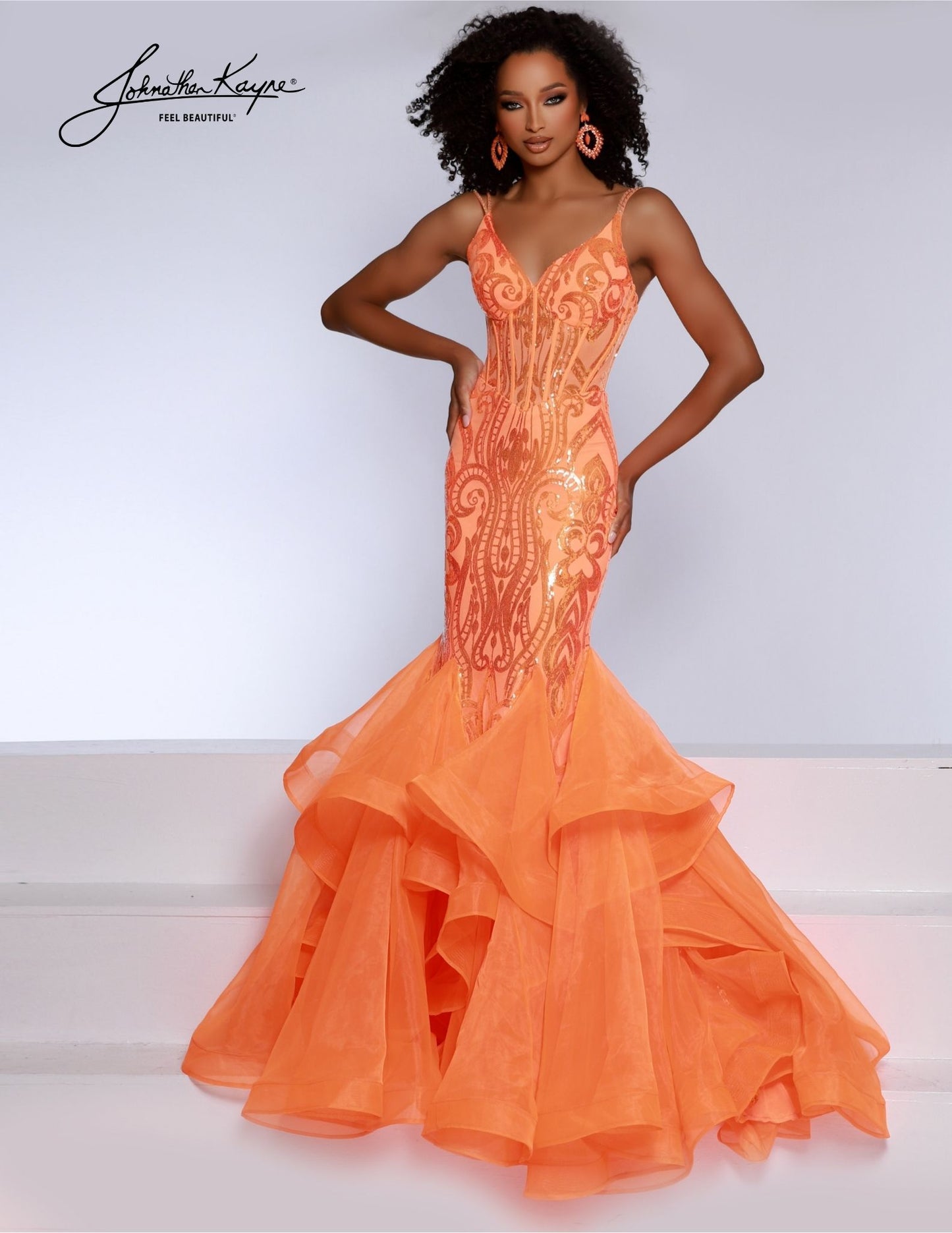 Johnathan Kayne 2835 Orange Long Prom Dress Ruffle Mermaid Corset V Neck Formal Pageant Gown 