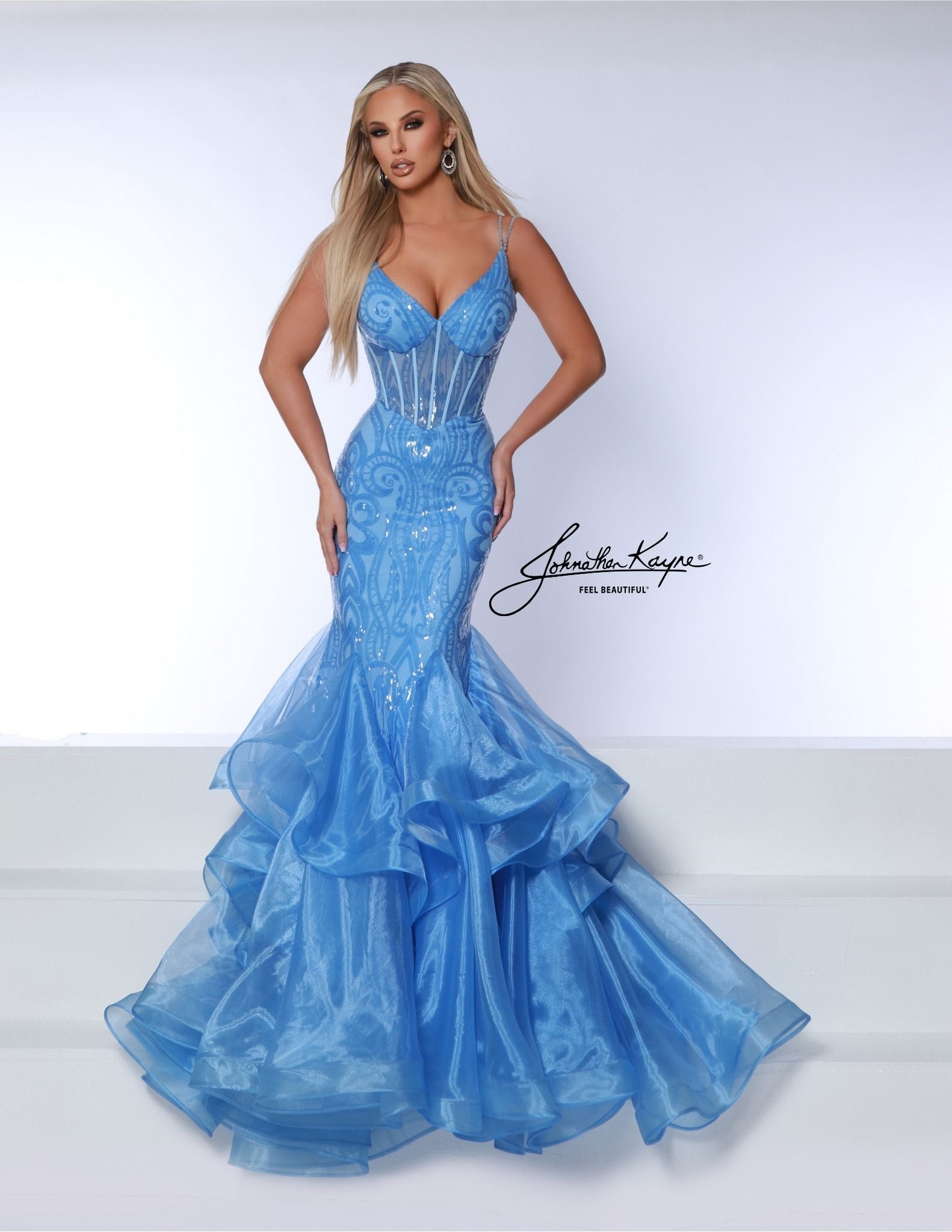 Johnathan Kayne 2835 Periwinkle Long Prom Dress Ruffle Mermaid Corset V Neck Formal Pageant Gown 