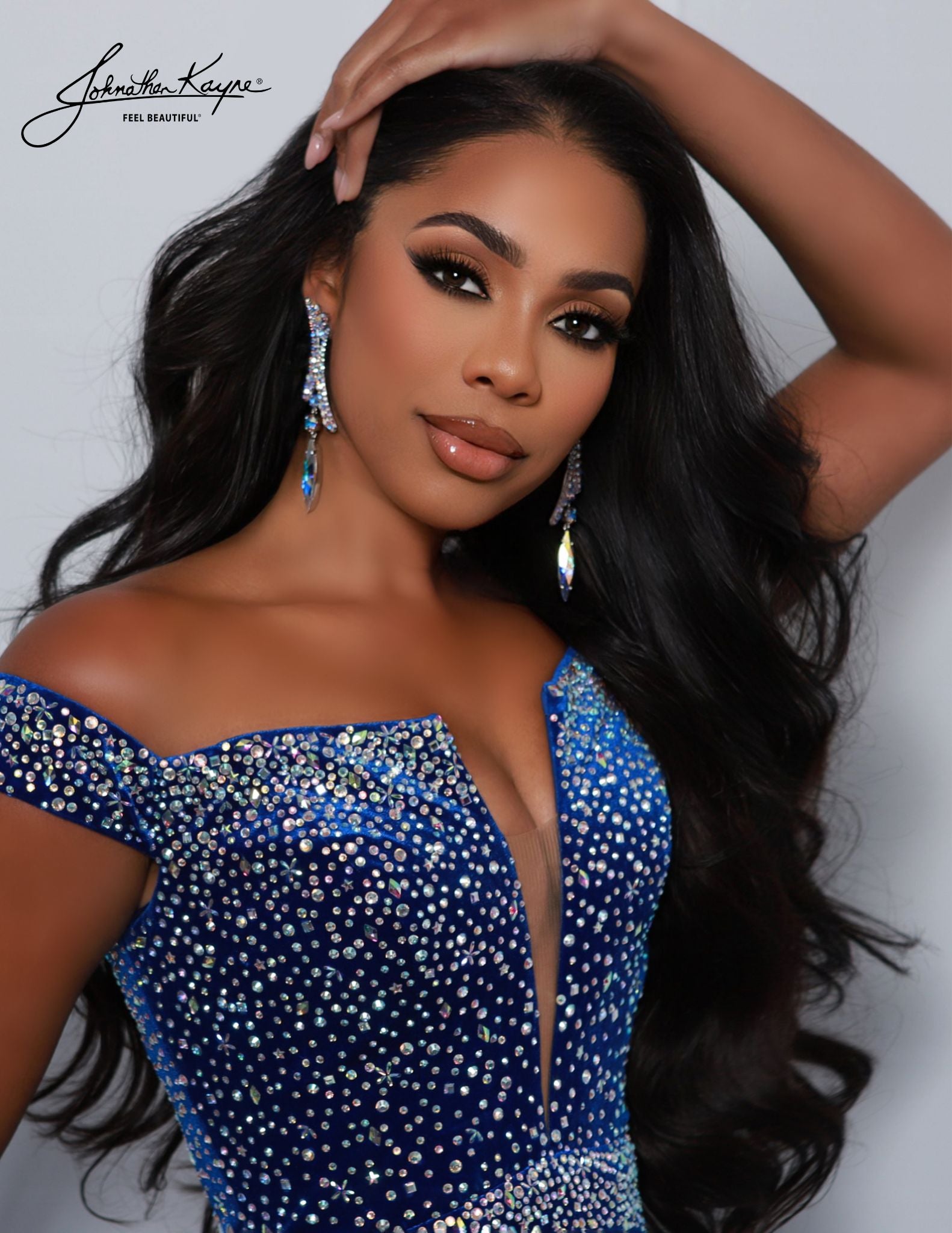 Johnathan Kayne 2910 Velvet Crystal Evening Dress Off the Shoulder Long Sleeves Formal Gown