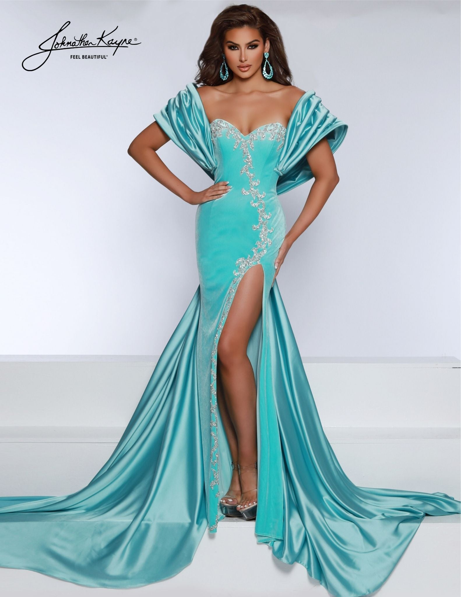 Johnathan Kayne 2913 sky blue strapless stretch velvet fitted gown detachable bow slit beaded applique large standout sleeves