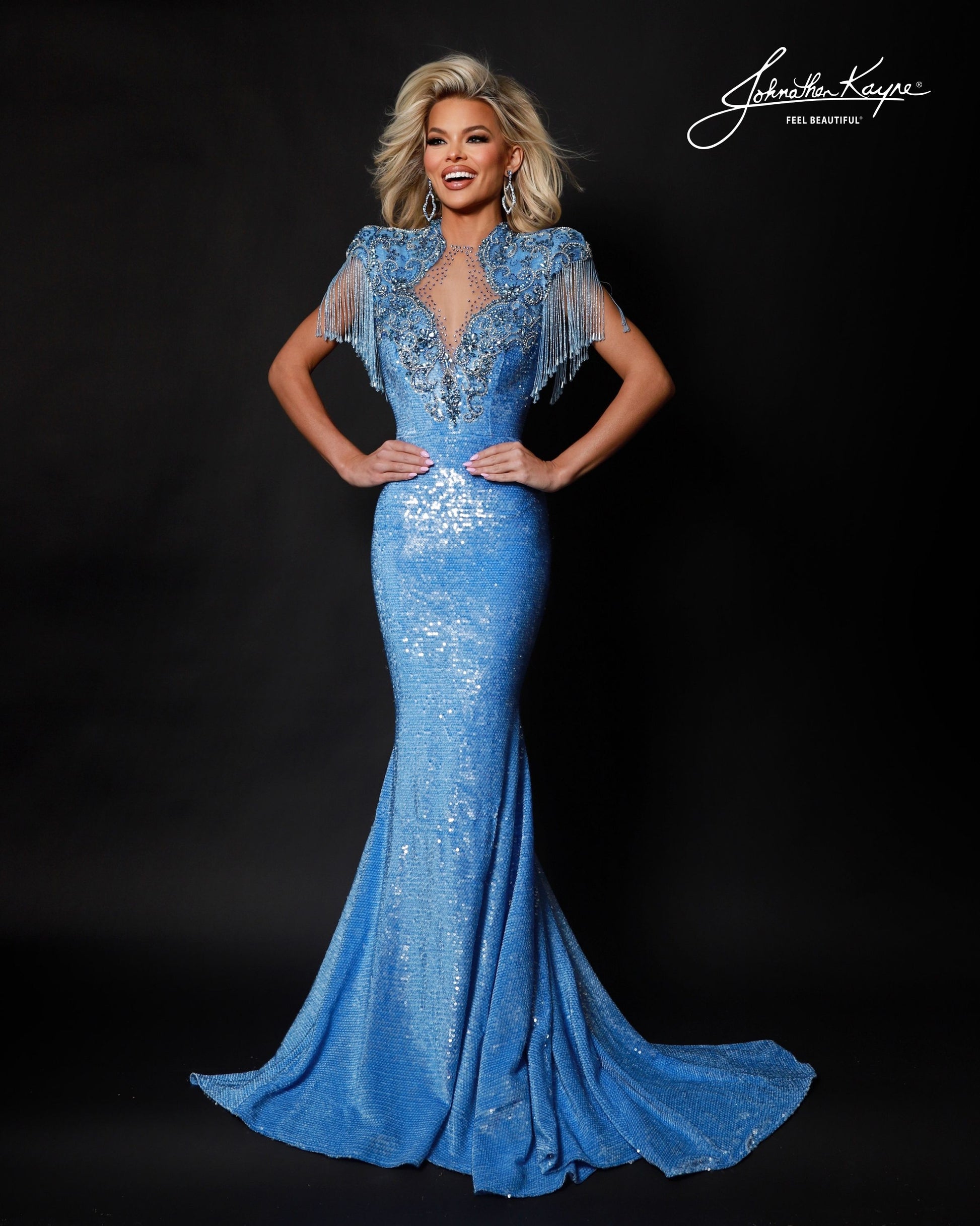 cap sleeve long sequin dress Johnathan Kayne 2933 Long Sequin Pageant Dress Fringe Cap sleeve Formal Backless Crystal Gown 12 / Porcelain Blue