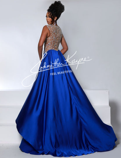 Johnathan Kayne 2934 Royal Sheer Beaded Back Pageant Gown Evening Dress Satin Wrap  Cap Sleeve Slit