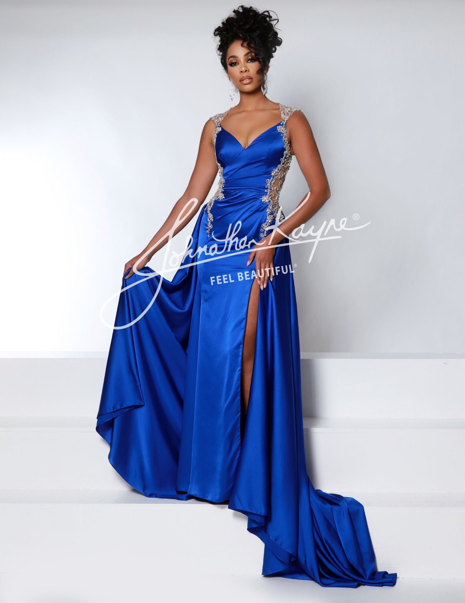 Johnathan Kayne 2934 Royal Sheer Beaded Back Pageant Gown Evening Dress Satin Wrap  Cap Sleeve Slit