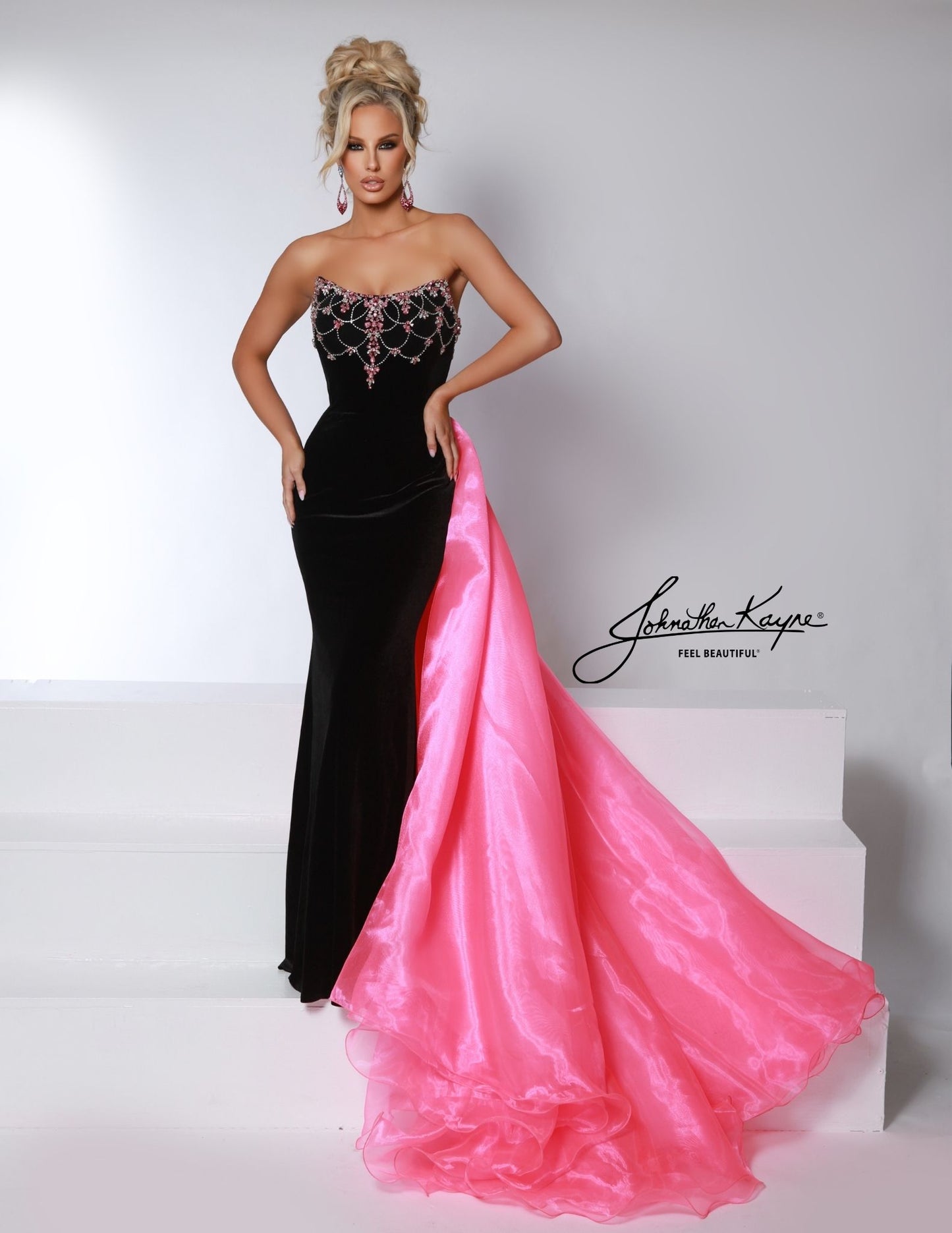 Johnathan Kayne 2945 Black Pink Velvet Evening Pageant Dress Strapless Crystals Overskirt