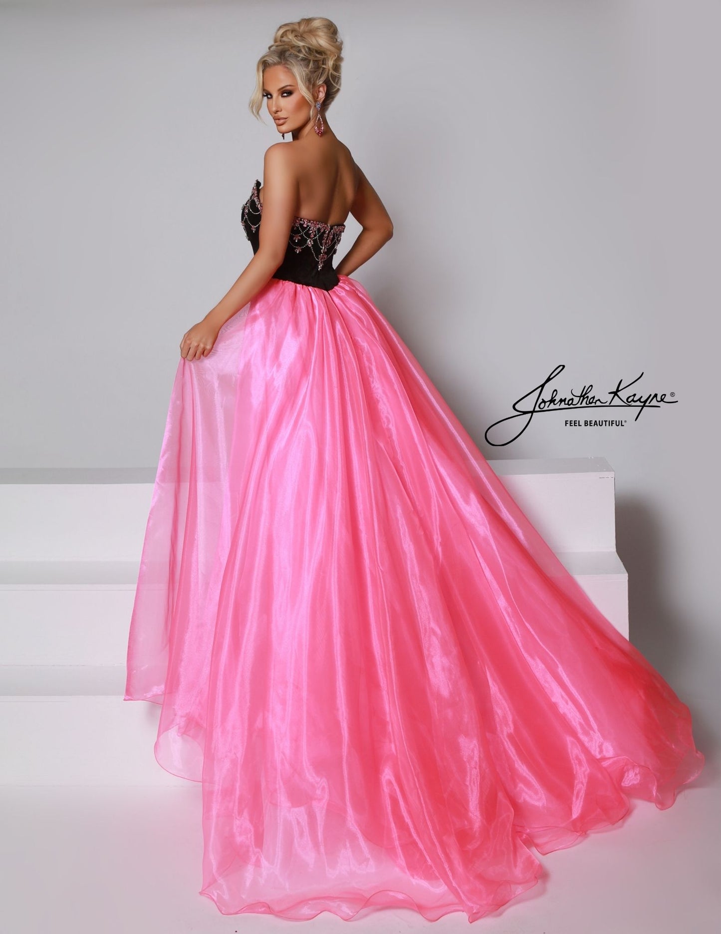 Johnathan Kayne 2945 Black Pink Velvet Evening Pageant Dress Strapless Crystals Overskirt