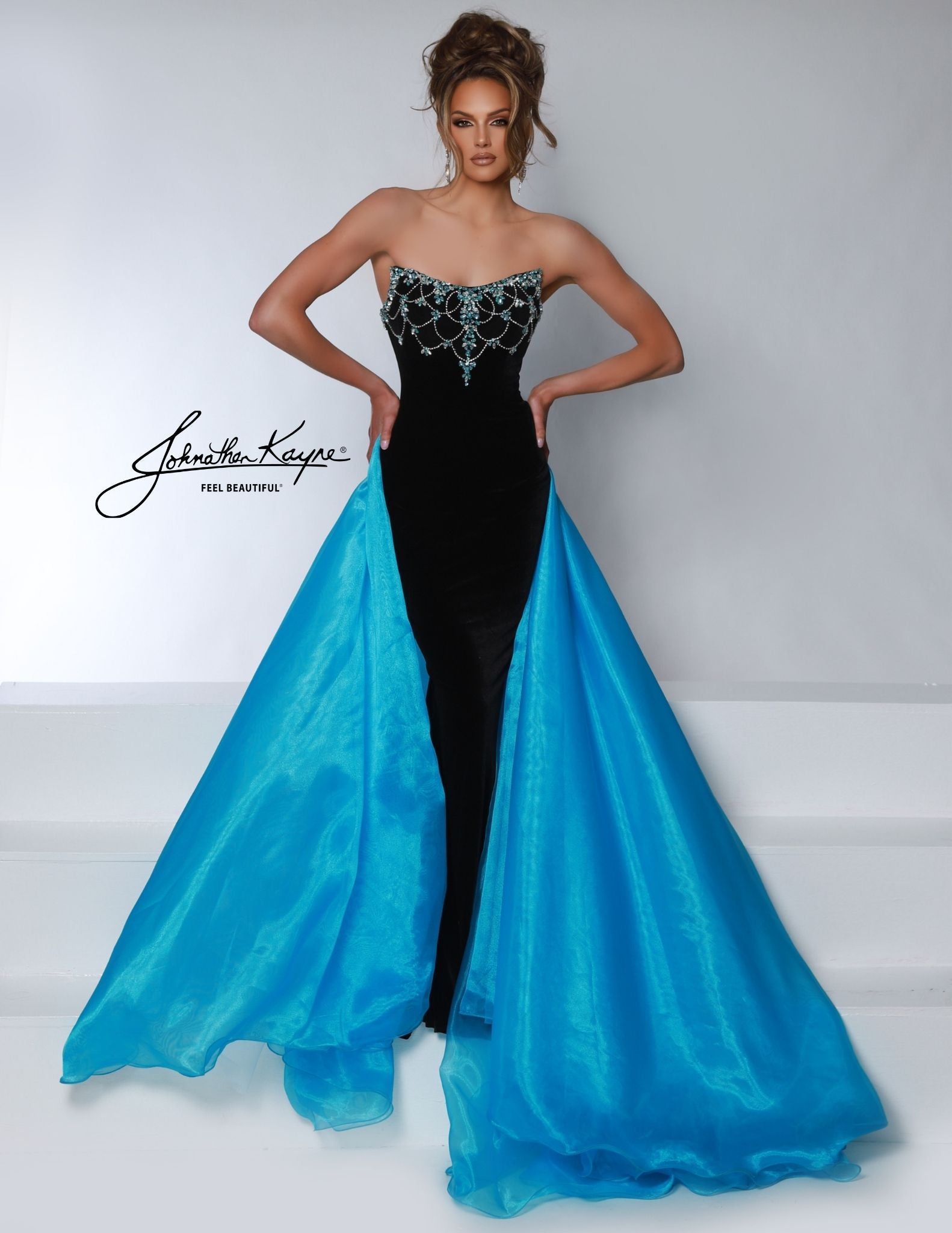 Johnathan Kayne 2945 Black Turquoise Velvet Evening Pageant Dress Strapless Crystals Overskirt