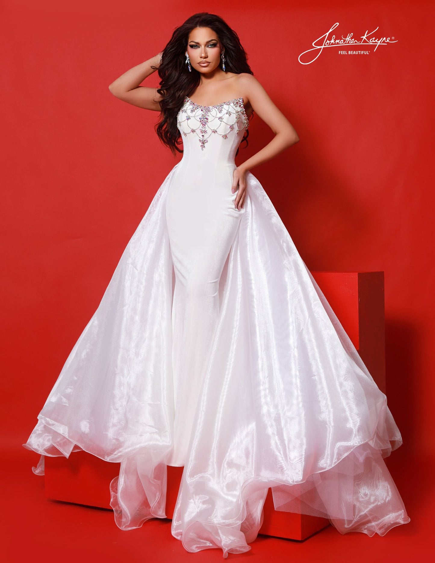 Johnathan Kayne 2945 White Velvet Evening Pageant Dress Strapless Crystals Overskirt