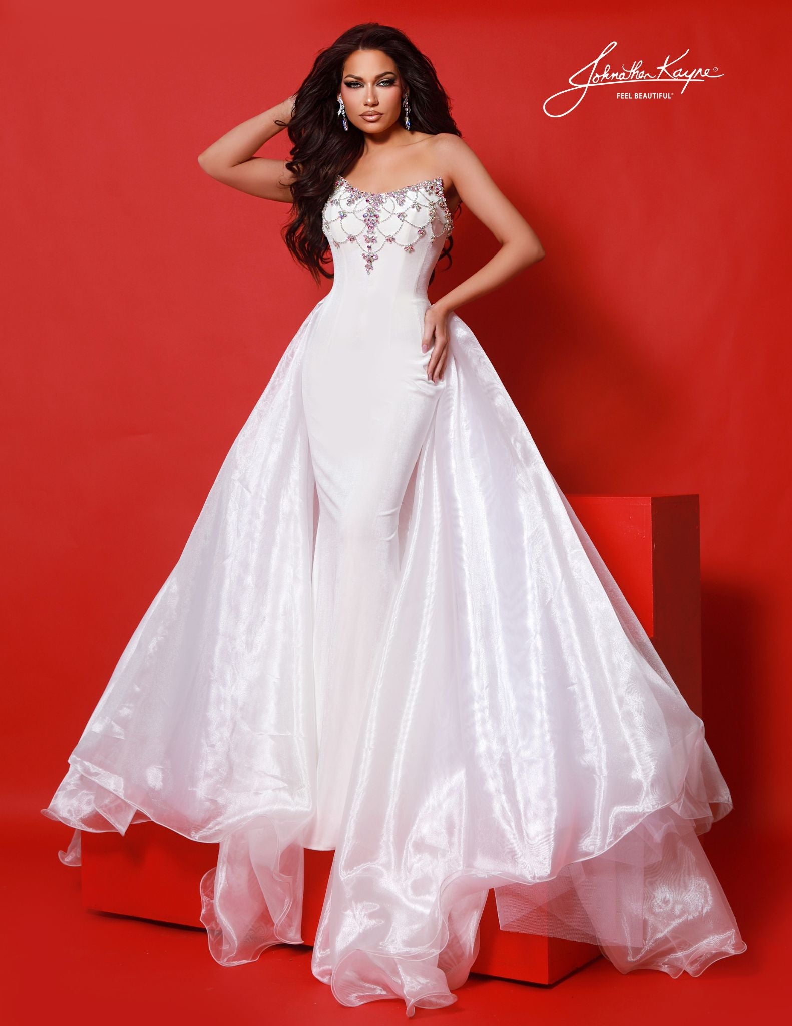Johnathan Kayne 2945 White Velvet Evening Pageant Dress Strapless Crystals Overskirt