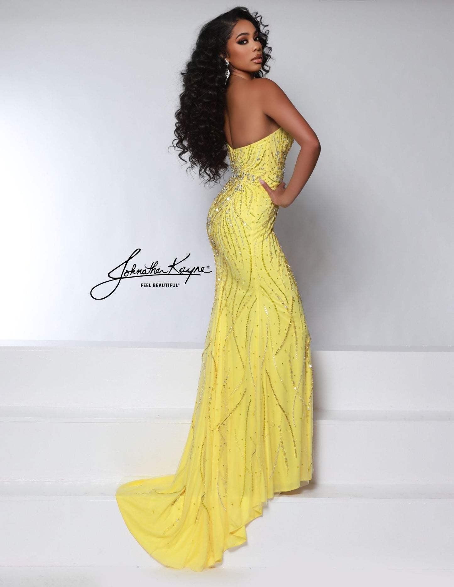 Johnathan Kayne 2956 Lemon Yellow One Shoulder Flower Formal Dress Crystal Sweetheart Evening Pageant Gown