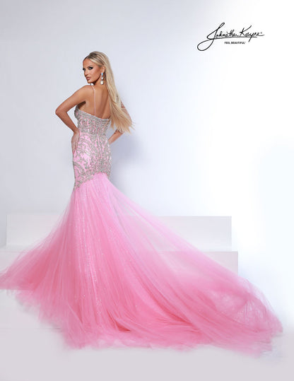 Johnathan Kayne 3128 bubblegum pink beaded mermaid formal pageant dress evening gown plunging neckline 