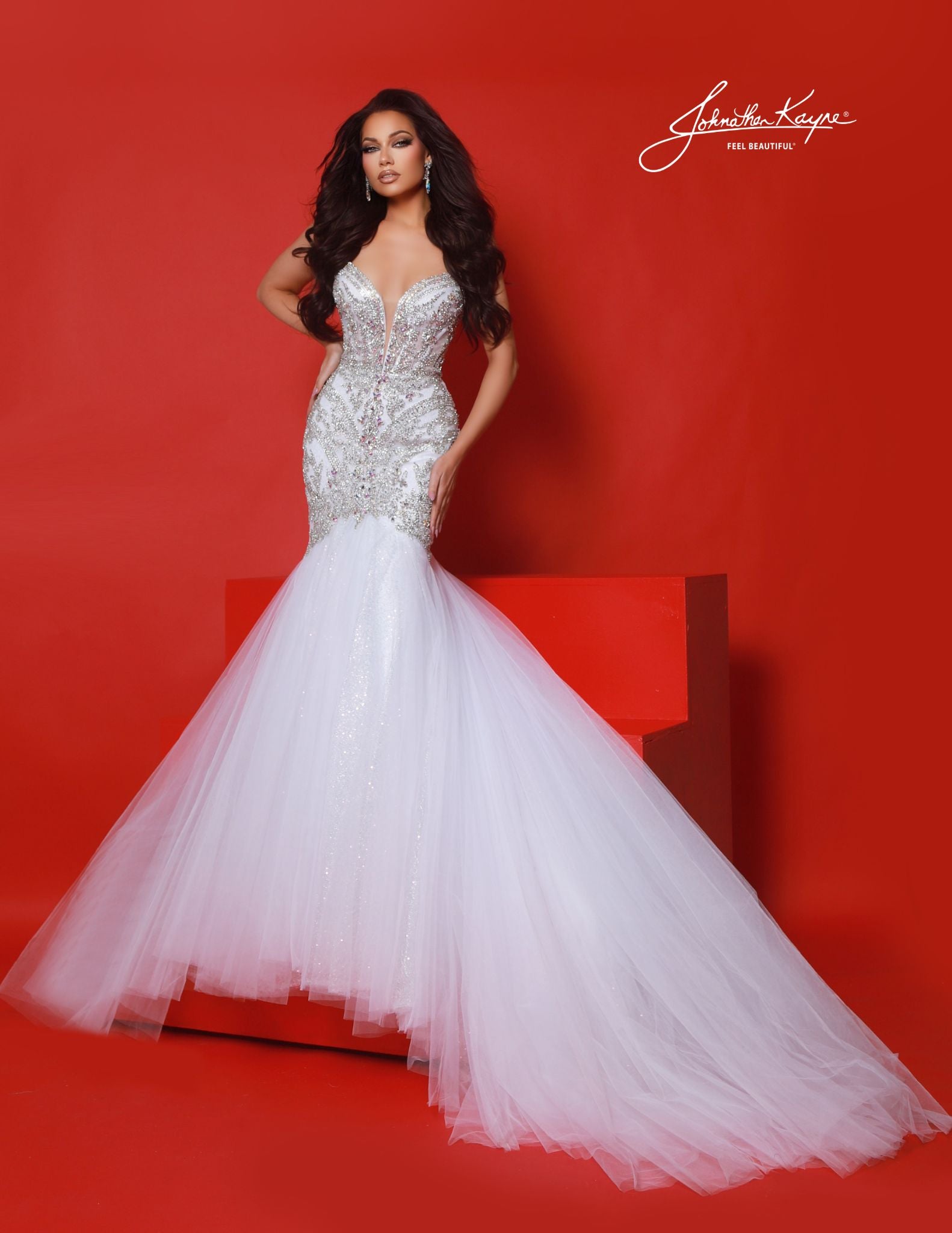 Johnathan Kayne 3128 Crystal Mermaid Pageant Dress Bridal Wedding Gown Sheer Corset Shimmer Train White / 00