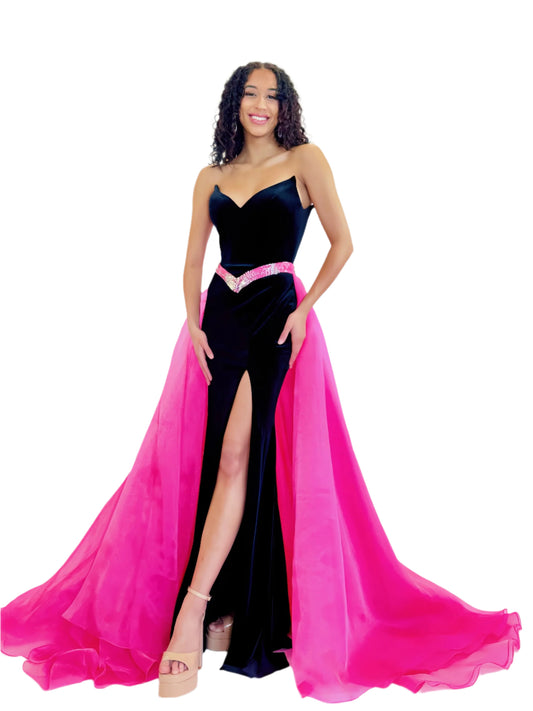 Johnathan Kayne 3132 black hot pink formal evening pageant dress sweetheart neckline crystal princess seam belt overskirt high slit