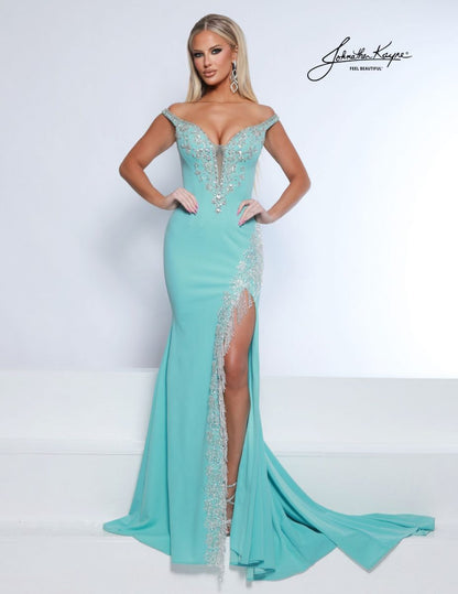 Johnathan Kayne 3139 sky blue off the shoulder fitted stretch crepe evening gown fringe crystals