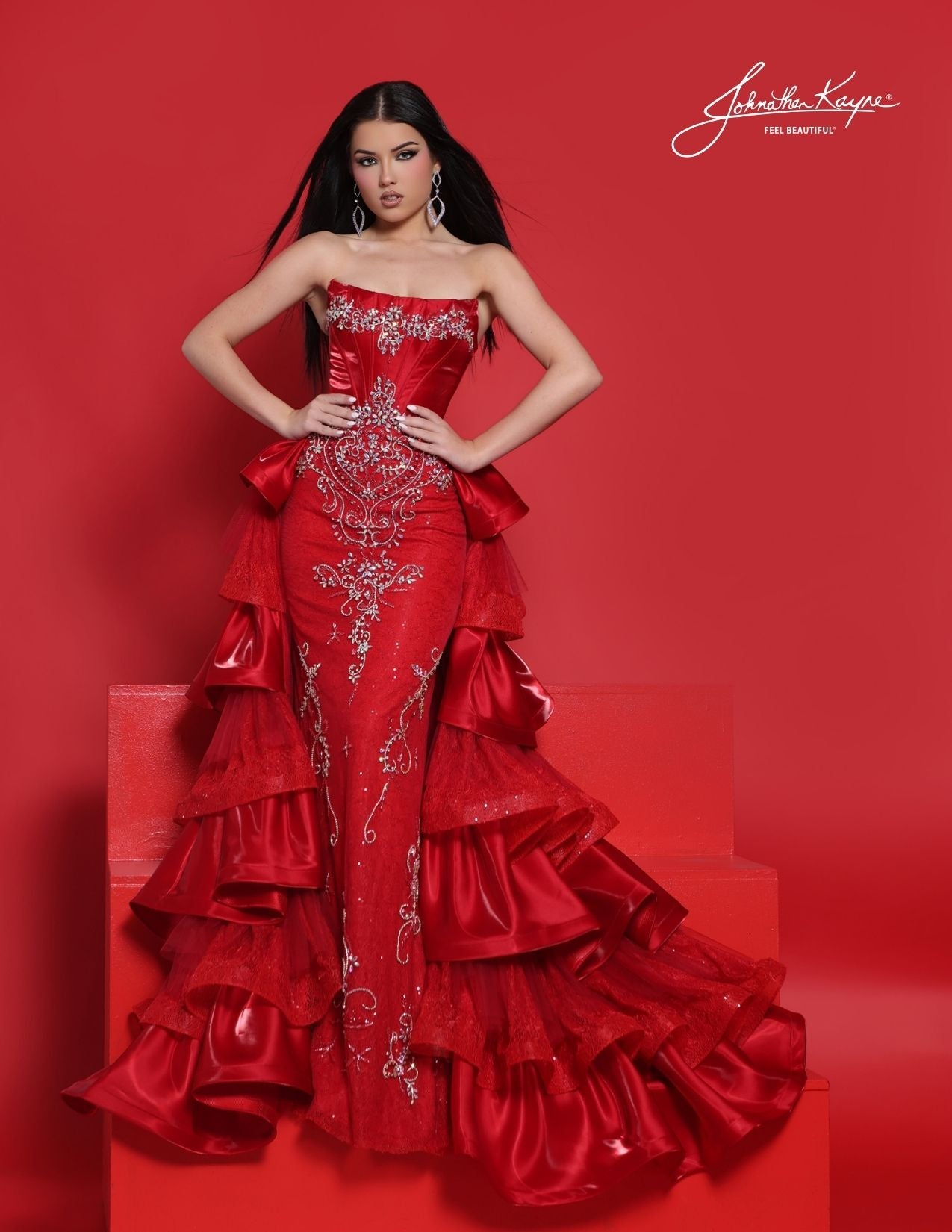 Johnathan Kayne 3142 Red Formal Gown Shimmer Satin Lace Gown Corset Ruffle Overskirt