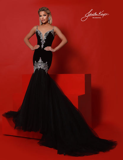 Johnathan Kayne 3148 Black Velvet Evening Gown Deep V Neckline Crystals Fit and Flare Train