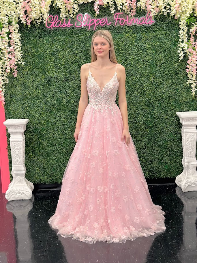 Johnathan_Kayne_31624_Pink Sequin Lace Shimmer Ballgown by Johnathan Kayne features high quality sequin detailing on the bodice and skirt to create a dramatic and eye-catching look. The sleeveless bodice has a modest neckline, while the floor-length skirt adds elegance and movement for the perfect prom dress. 3d Floral Tulle Appliques and sequins cascading down the skirt.  *** One of A KIND!  Size: 2  Color: Pink