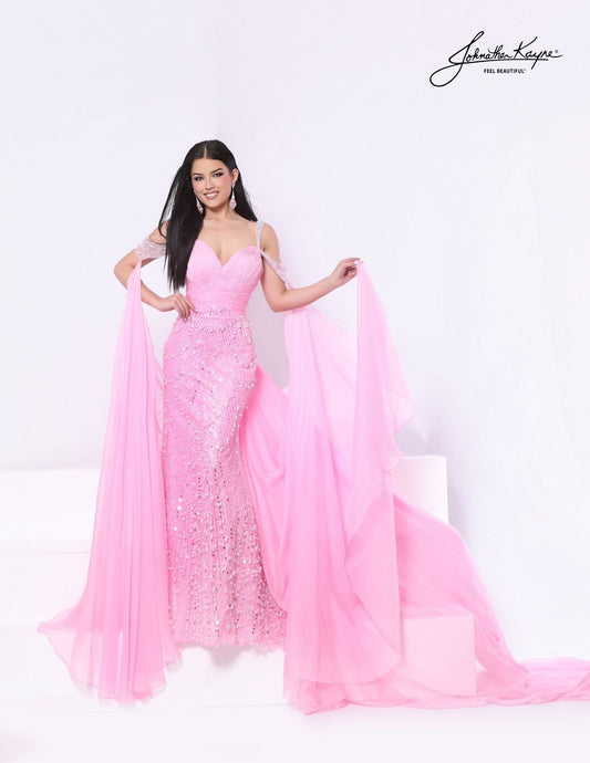 Johnathan Kayne 3211 Petal Pink Pageant Dress Cape Beaded Formal Gown