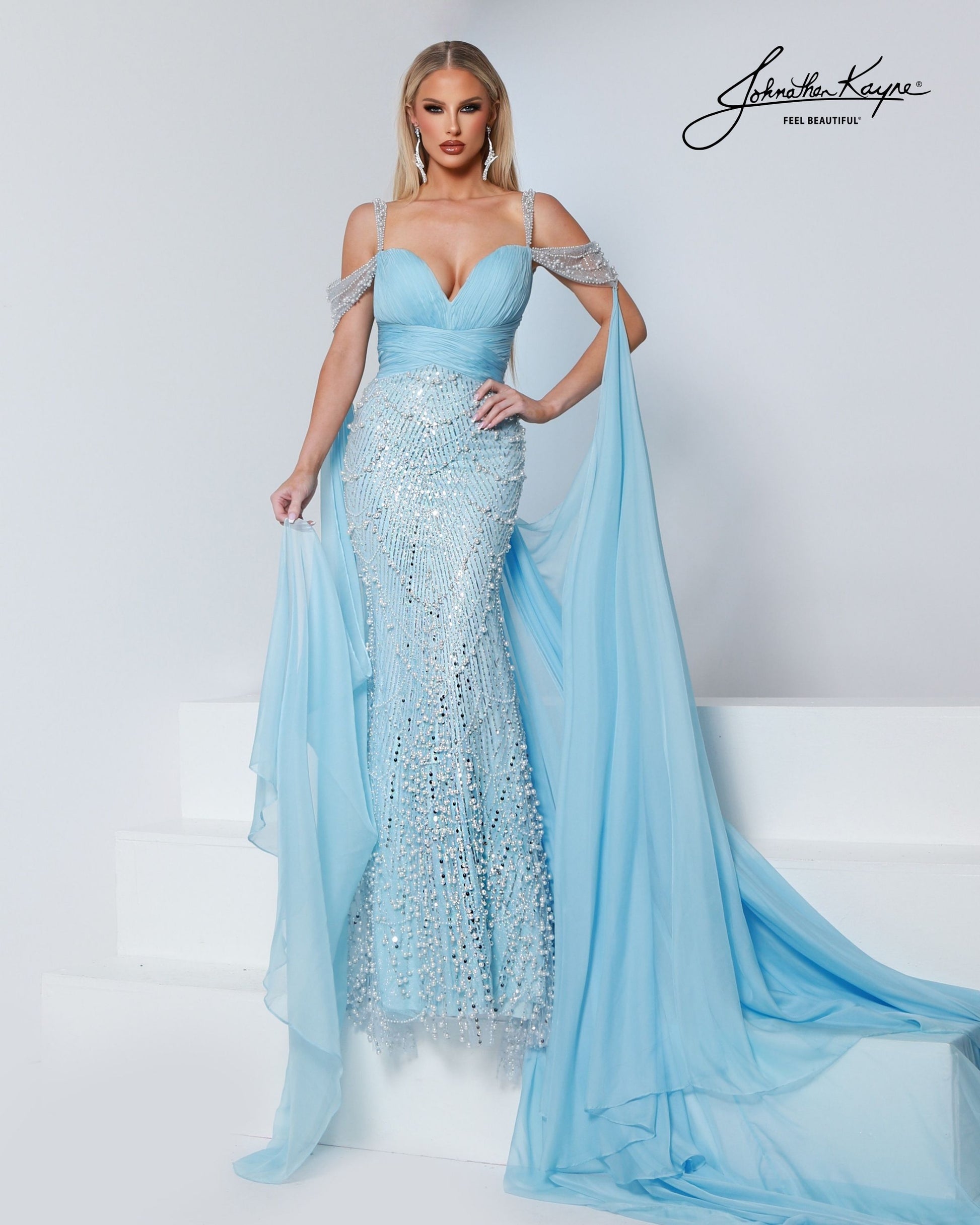 pageant dress designers Johnathan Kayne 3211 Flowy Pageant Evening Dress Ice Blue / 0
