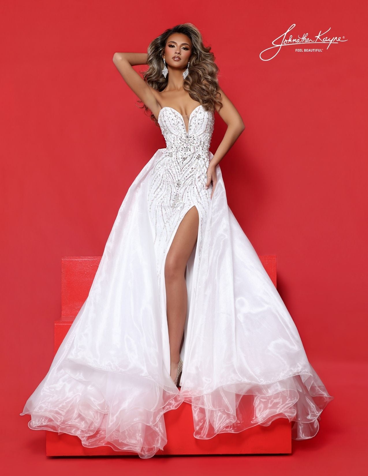 Johnathan Kayne 3322 white prom and pageant dress with overskirt