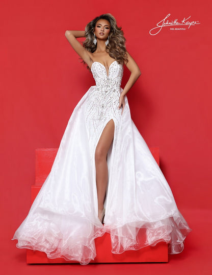 Johnathan Kayne 3322 white prom and pageant dress with overskirt