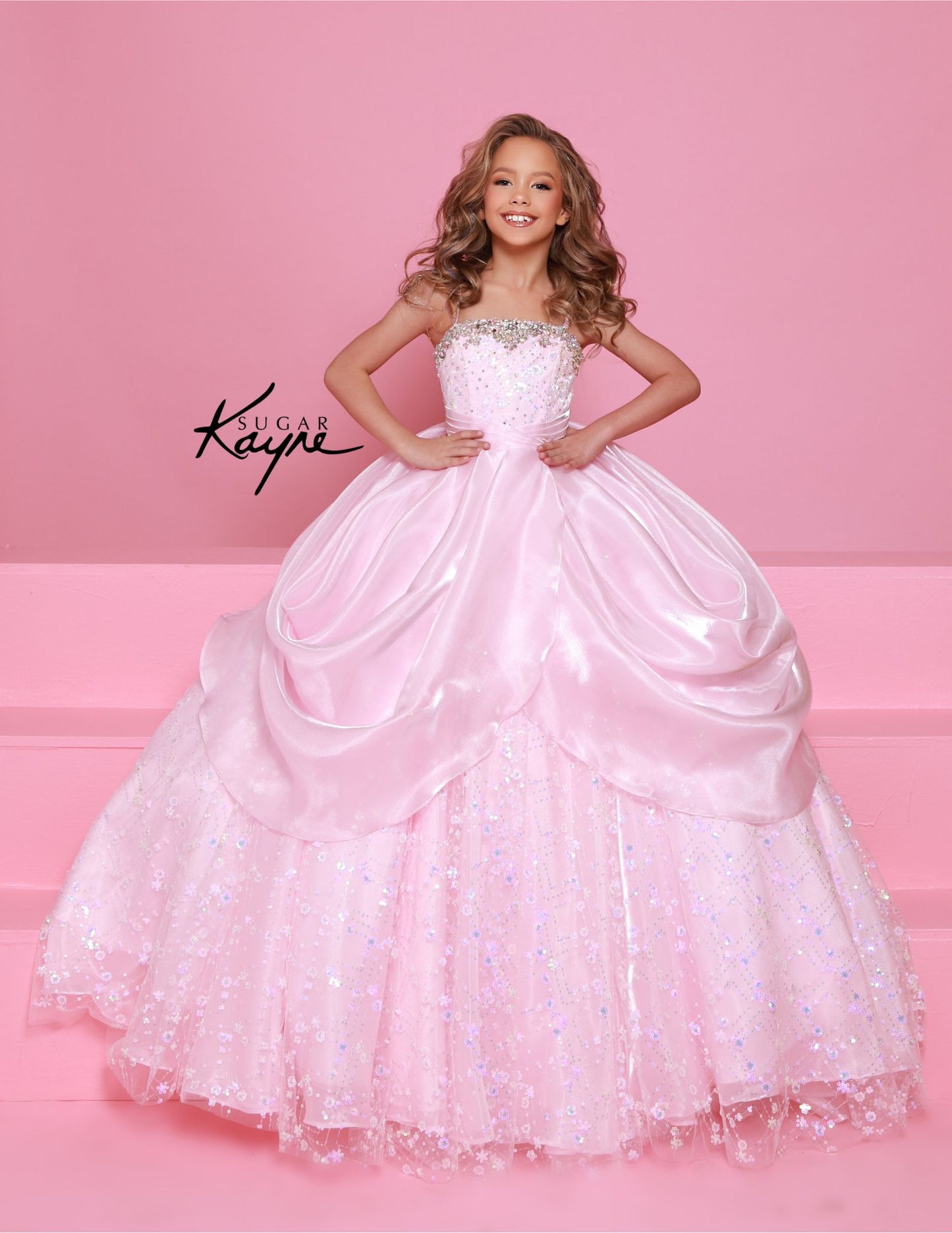 Johnathan Kayne C385 baby pink children's pageant ball gown mirror organza sweetheart neckline crystal