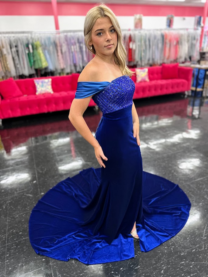 Johnathan Kayne 2725 Size 4 Royal Velvet off the Shoulder Pageant Dress Satin Overskirt Corset Slit Crystal Bodice