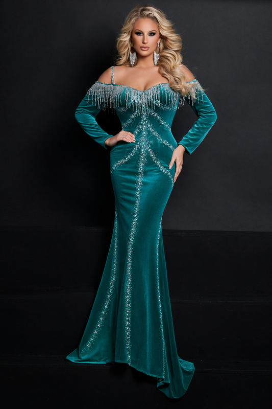 Johnathan Kayne 2708 Long Velvet Crystal Fringe Tassel Off the Shoulder Pageant Gown Prom Dress Who doesn't love a good rhinestone fringe moment? This stretch velvet gown has spaghetti straps with off-the-shoulder long sleeves and rhinestone fringe accenting the neckline.&nbsp;

Sizes: 6

Colors: Teal