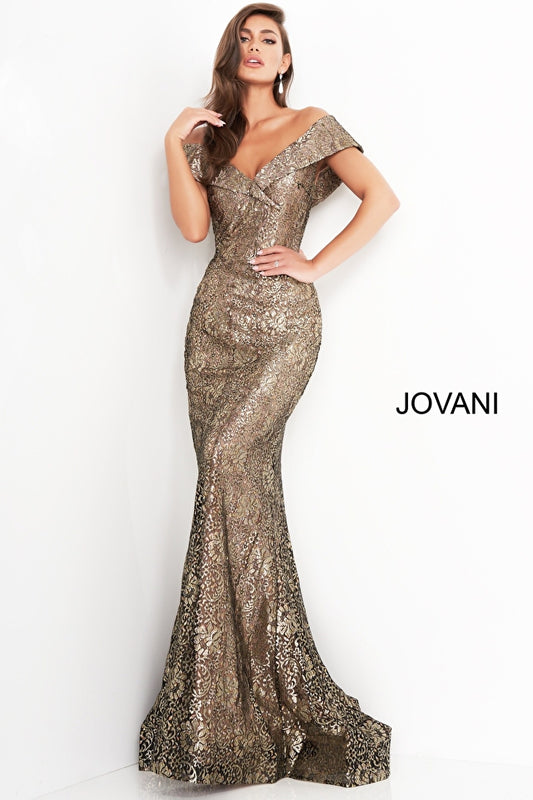 Jovani 02920 Black Gold V neckline evening gown lace mother of the bride dress