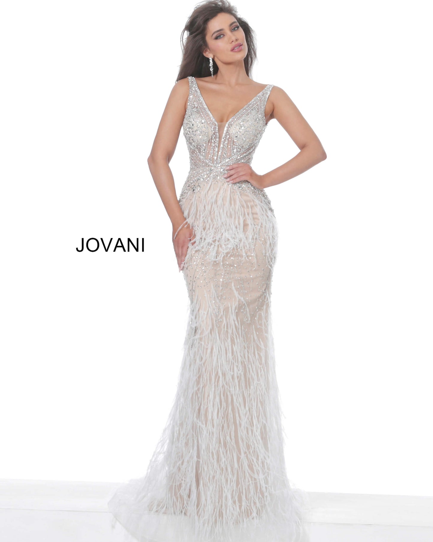 Jovani 03023 Sheer Feather Prom Dress Plunging Neckline Pageant Gown Embellished