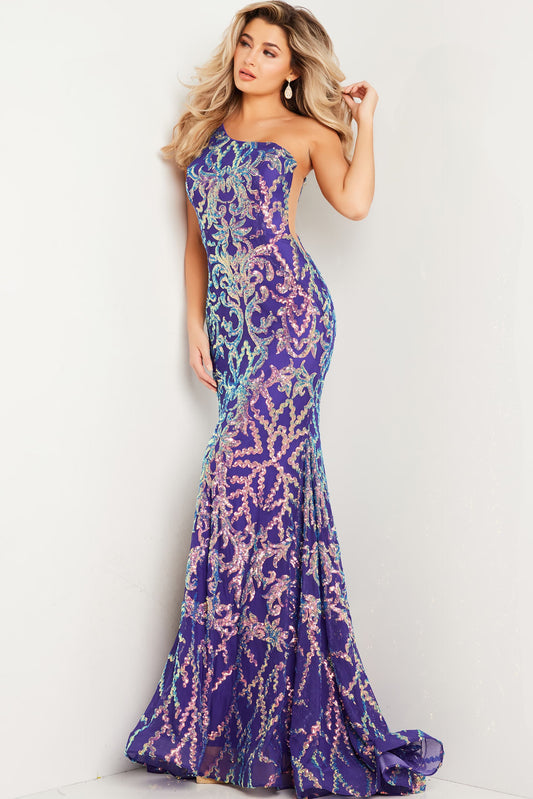 Jovani 22845 Long Fitted Mermaid One Shoulder Prom Dress Iridescent Sequin Pageant Gown