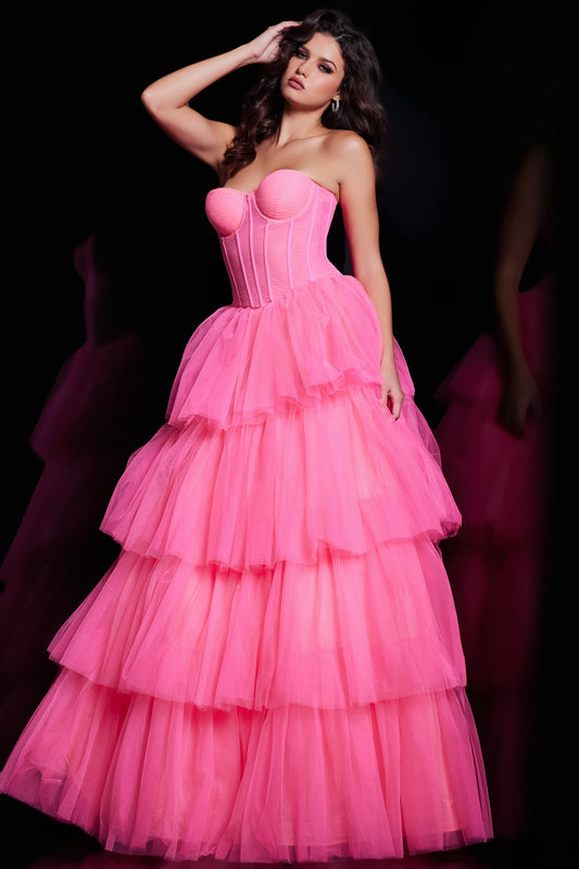 Jovani 37062 Hot Pink Prom Dress Corset Bodice Tiered Ruffle Ball Gown Skirt