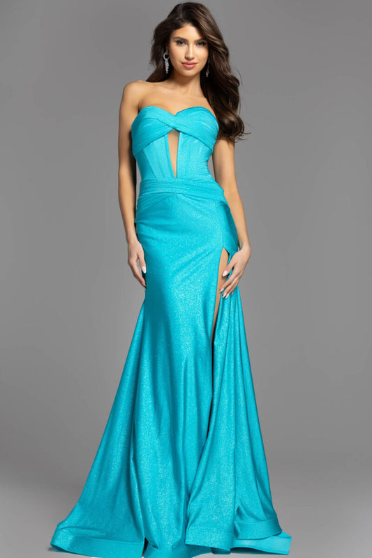 Jovani 43419 Strapless Shimmer Cutout Prom Dress Strapless Ruched High Slit Formal Evening Gown
