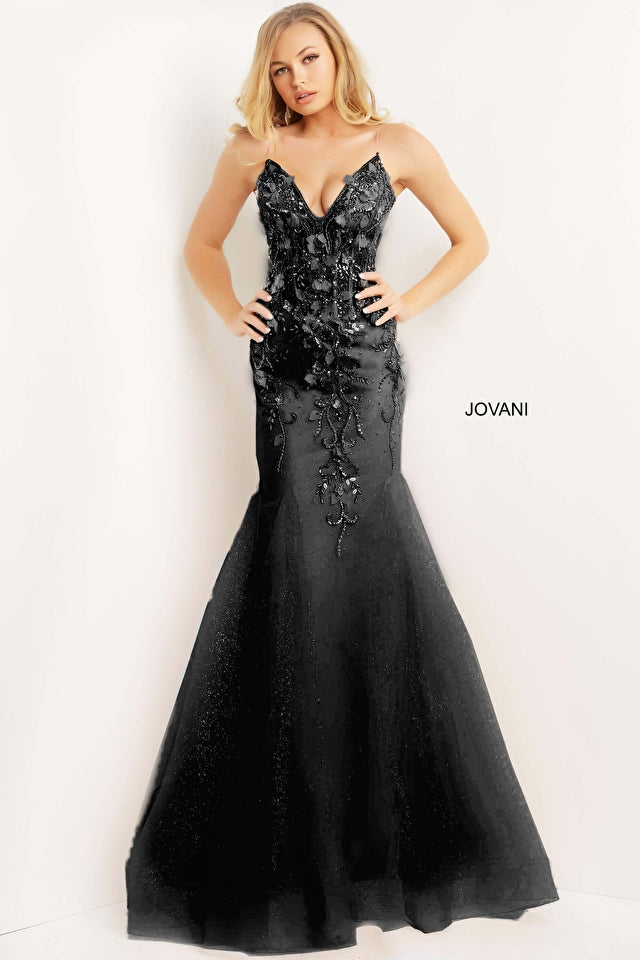 Jovani 05839 Long Mermaid Prom Dress Pageant Gown Formal Dress 3D Floral V Neckline sheer, horsehair trim black
